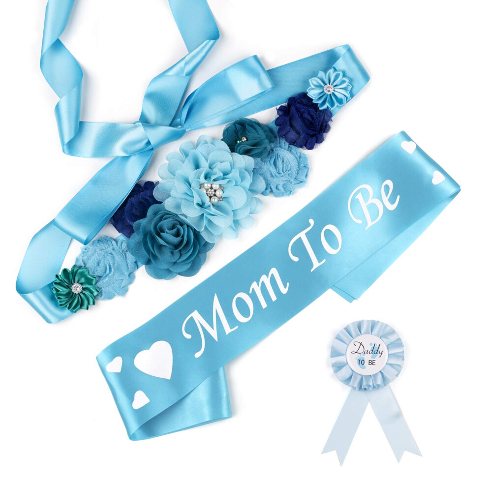 Baby Shower Maternity Sash Belly Belt, Mom to Be & Dad to Be Button Pin, Pregnancy Maternity Flower Sash Belt for Gender Reveal Blue Baby Boy-image-OPC-PFYQZFK-NEW