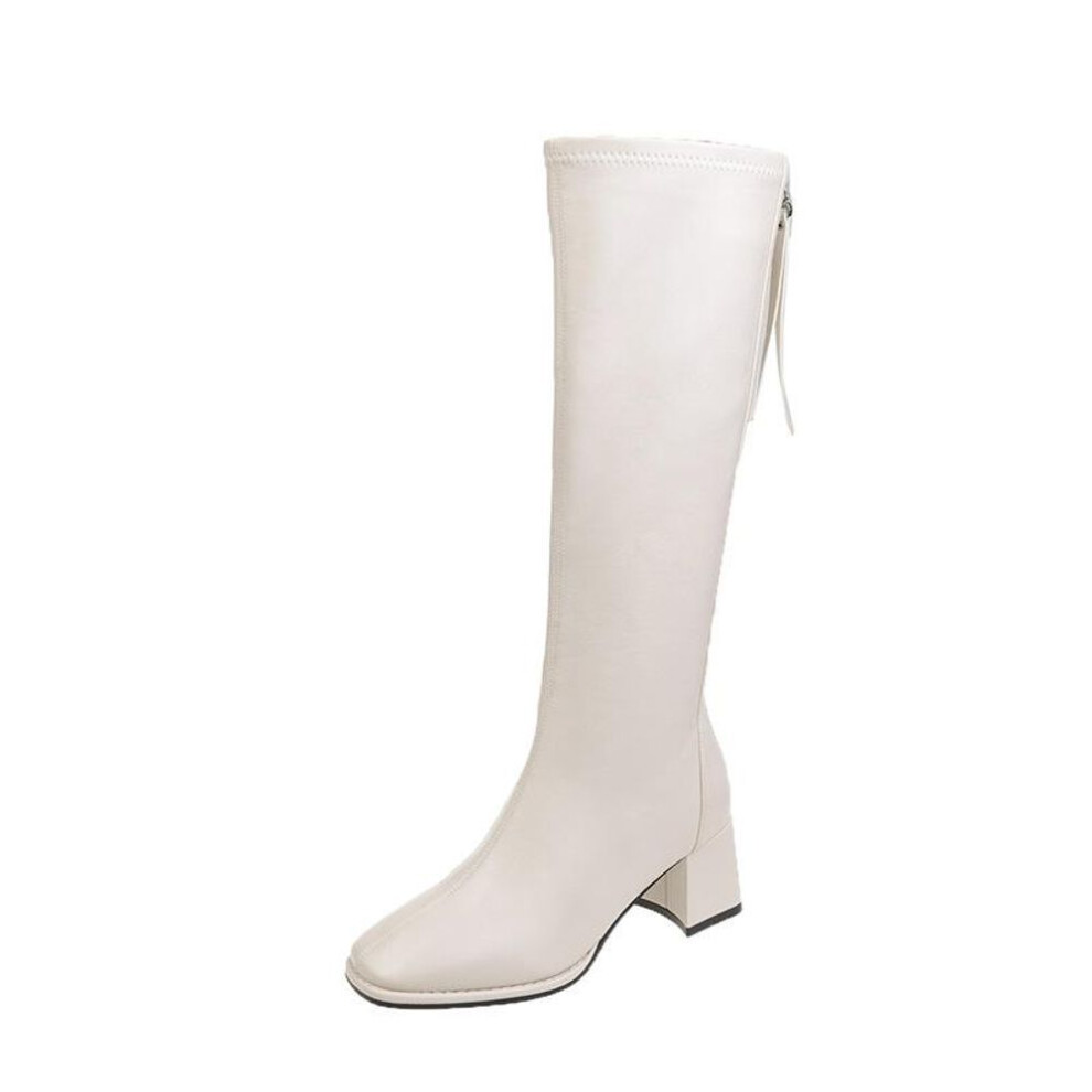 (off-white, 37) "Women's Korean Style Square-Toe High-Heeled Boots - Autumn/Winter 2021