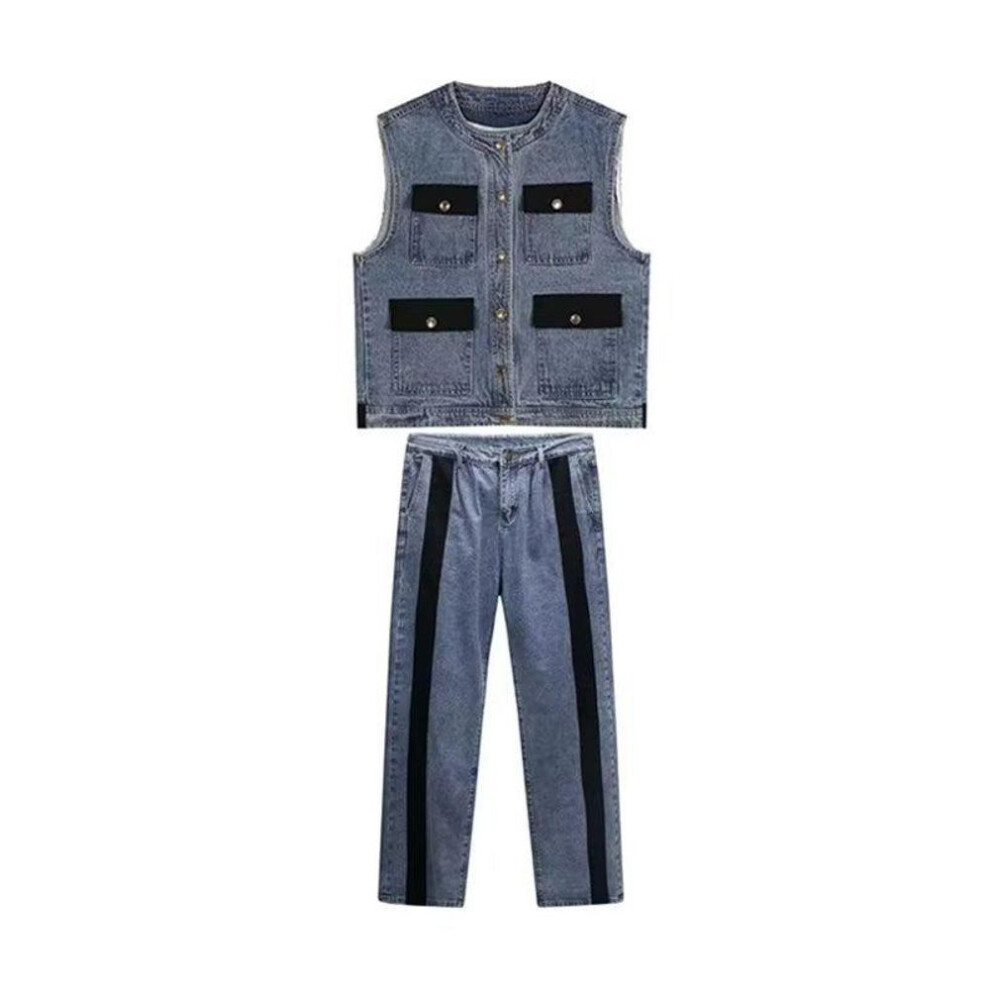 (blue, 4XL) "Men's Cool Street Suit: Contrast Denim Vest Jacket & Wide-Leg Trousers