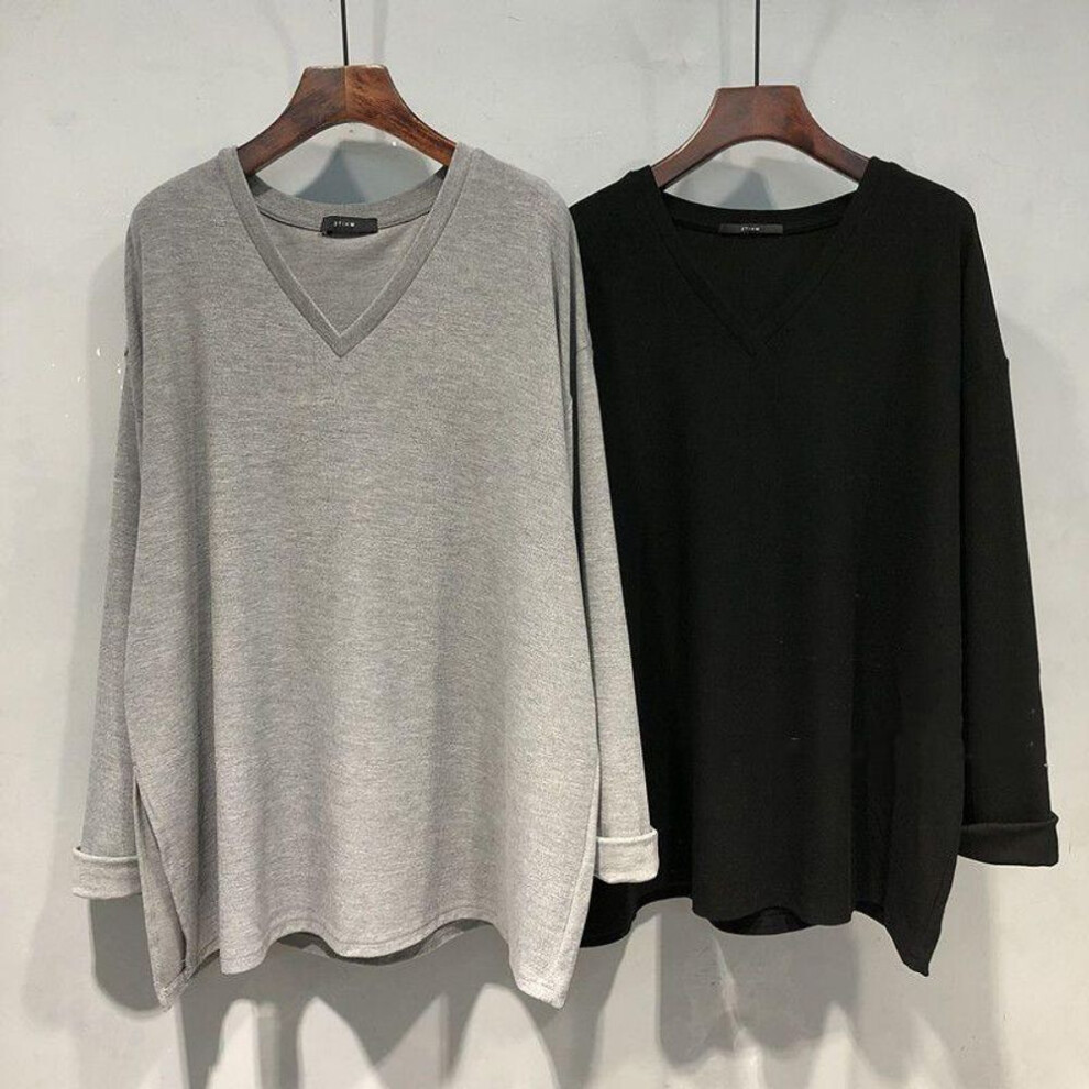 (black, M) Women's 2023 Autumn V-neck Long-sleeve Loose Mid-length Split Top