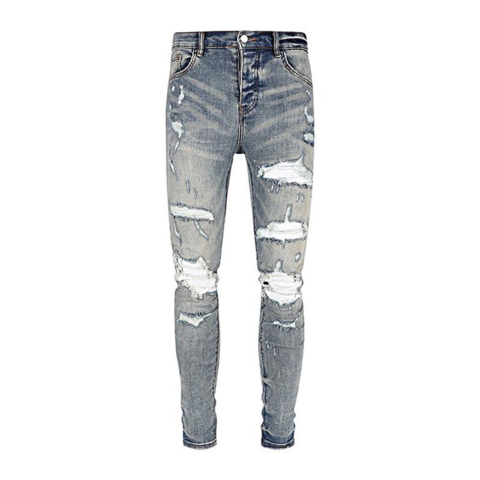 (36) Men's Retro Patch Light Blue Skinny Jeans - Trendy Street Fashion