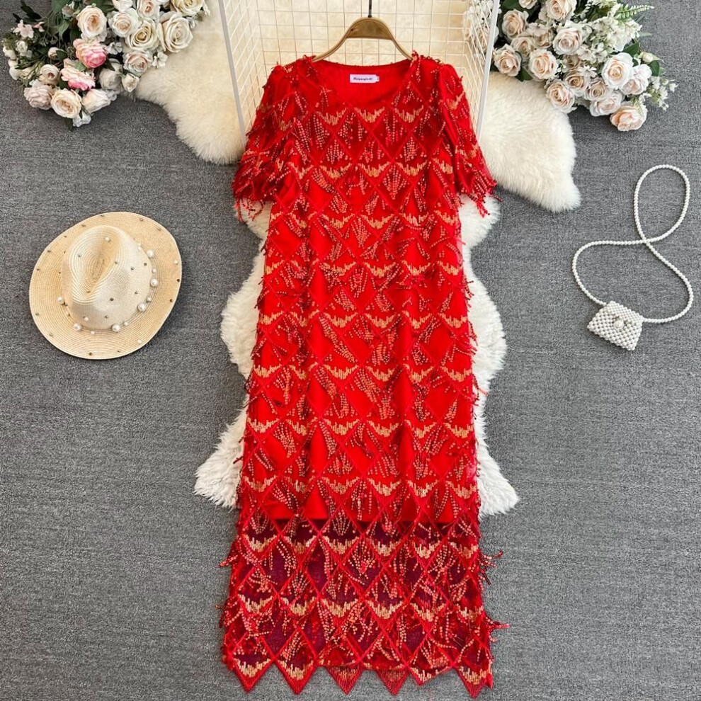 (red, Large) Elegant Summer A-line Sequin Tassel Dress - Short Sleeve, Round Neck, Loose Fit