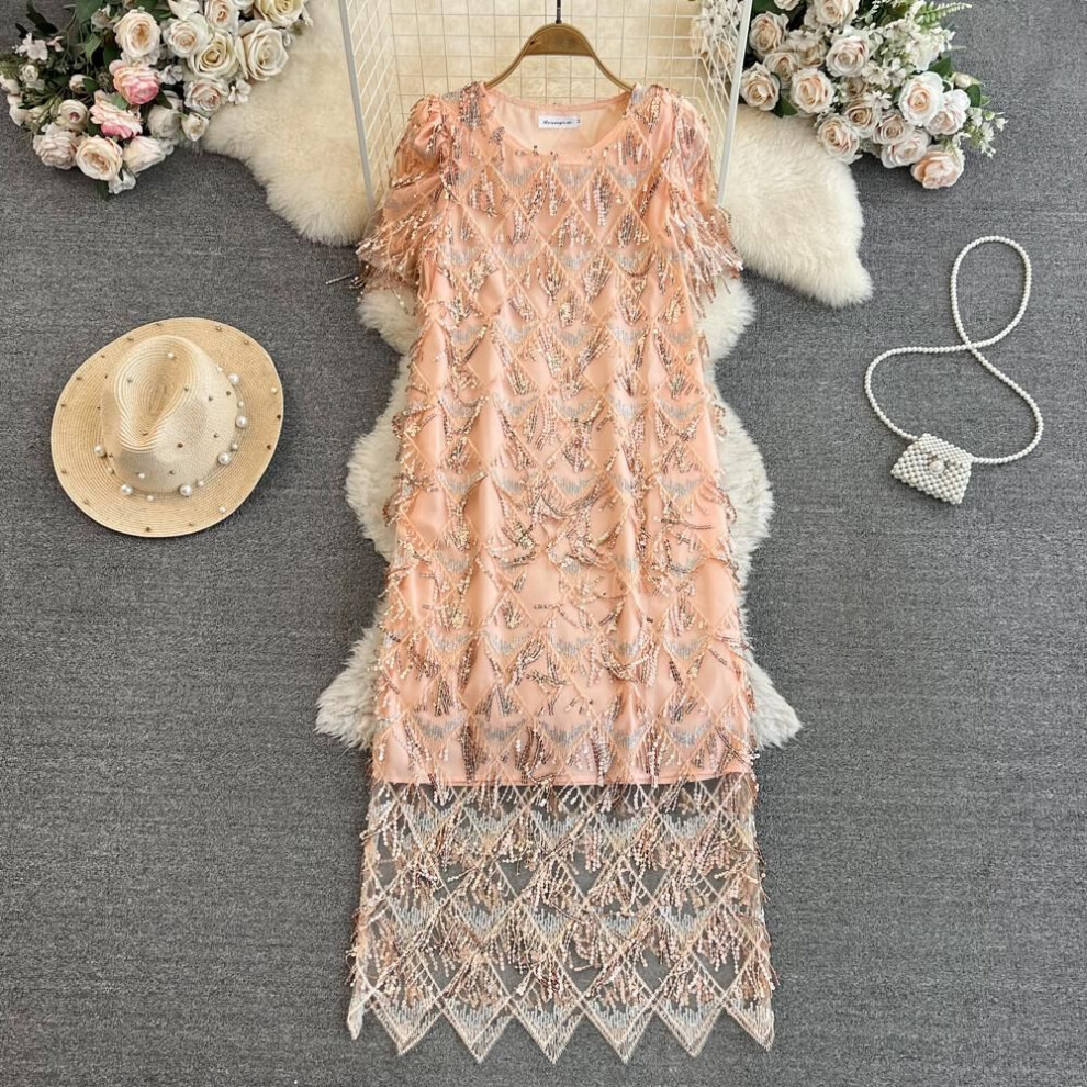 (pink, X-Large) Elegant Summer A-line Sequin Tassel Dress - Short Sleeve, Round Neck, Loose Fit