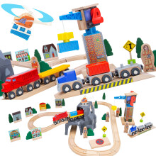 ORBRIUM Lift and Load Wooden Train Set with Magnetic Crane  Magnetic Helicopter  Large Diesel Engine  Semi-Truck  Shipping Container Flat Car Compatib