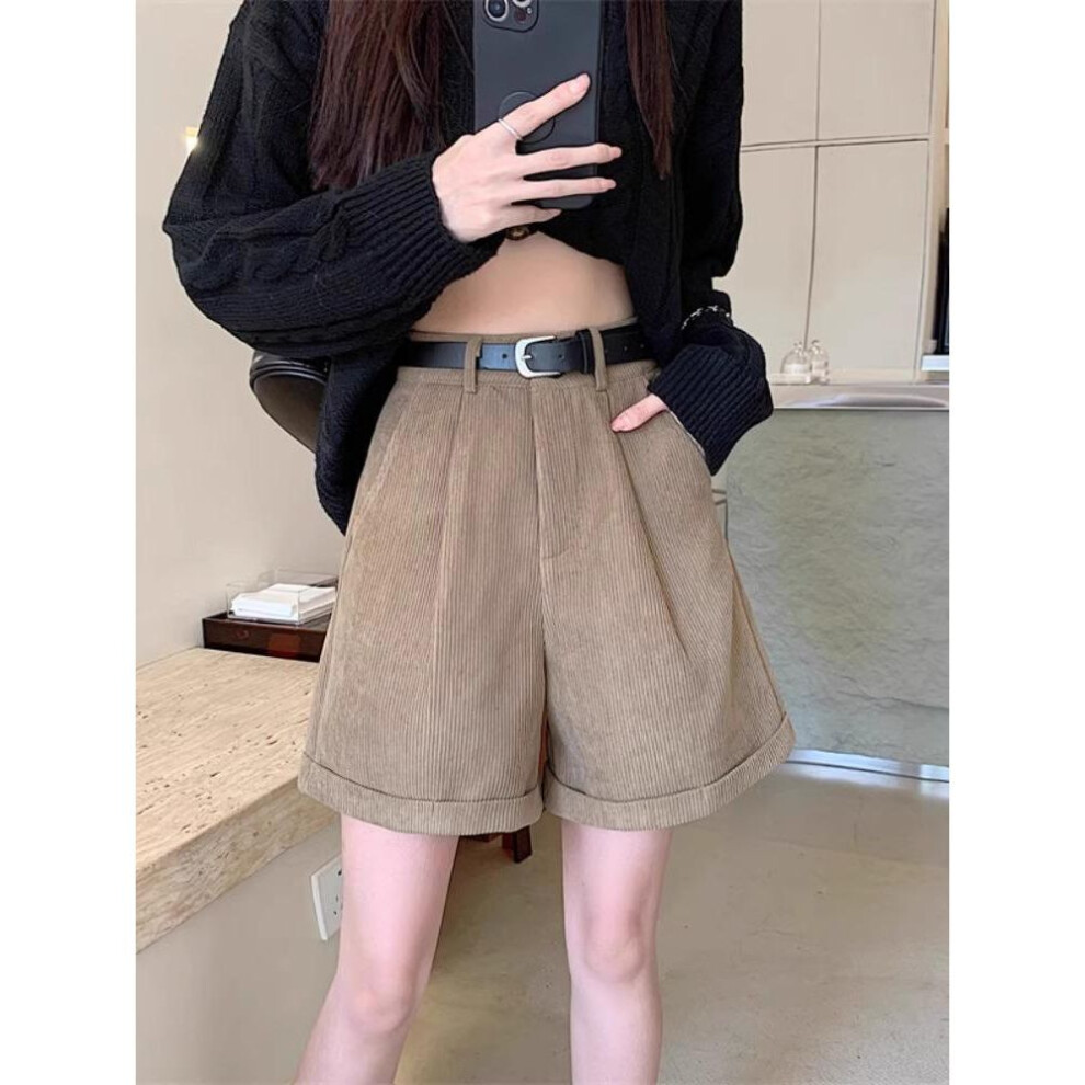 (khaki, 3XL) Women's 2023 Autumn/Winter Corduroy High-Waist Loose Wide-Leg Shorts
