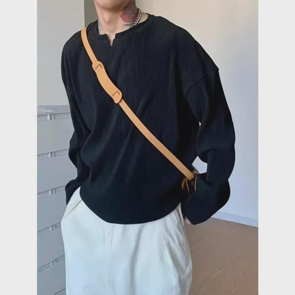 (black, L) 2024 Men's V-Neck Pleated Drape Long Sleeve Loose Fit Casual Sports Fitness Shirt