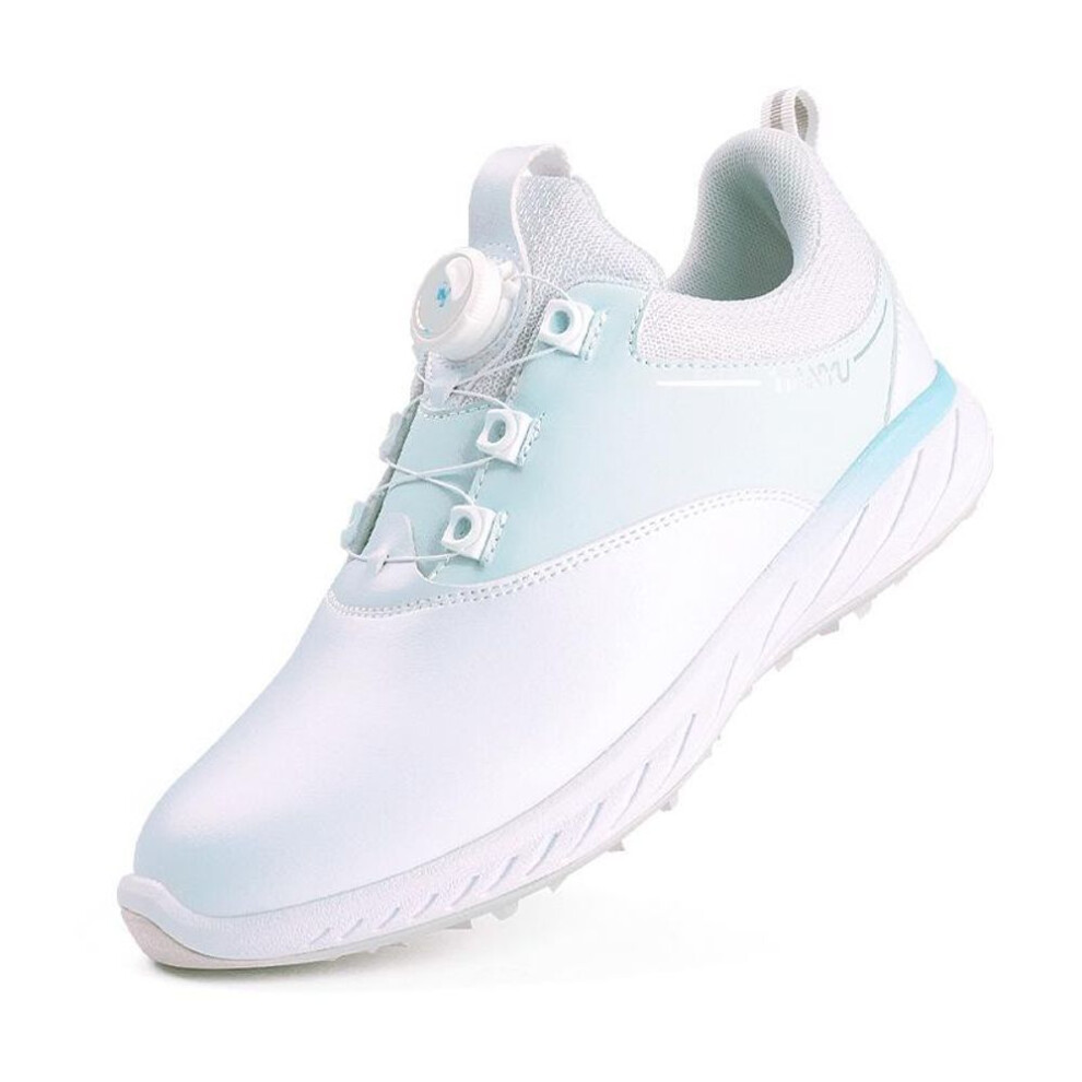 (white,blue, 36) Women's Waterproof Non-Slip Golf Shoes with Fixed Spikes and Rotating Knob Laces