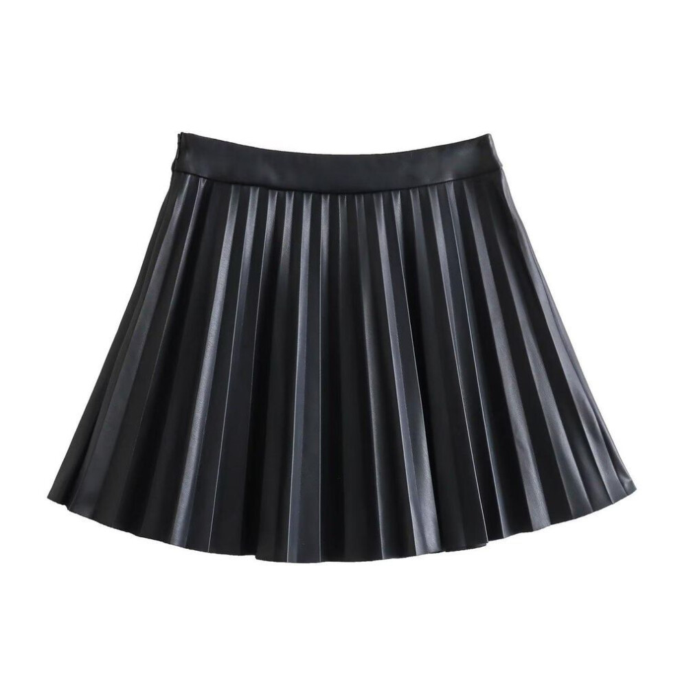 (M) "Autumn 2023 European & American Style Women's Light Mature Pleated Leather Mini Skirt – Black