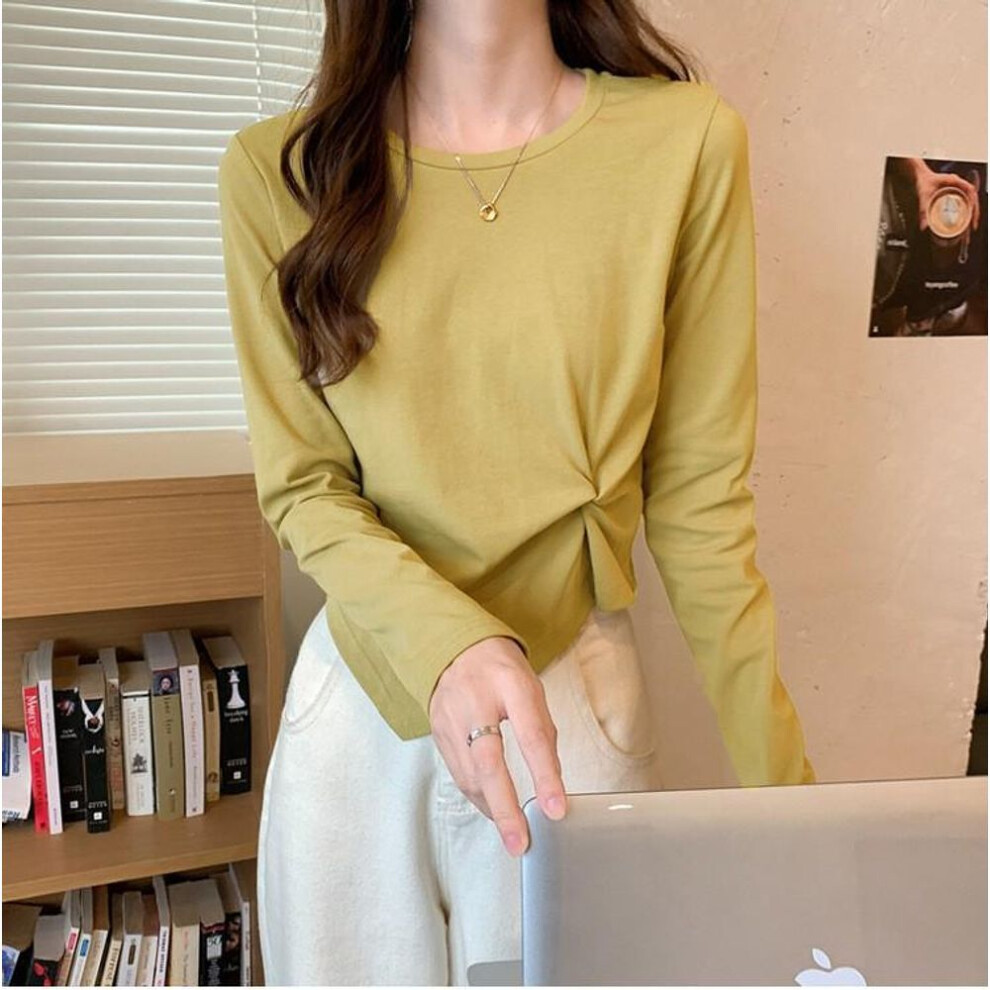 (yellow, XL) "2025 Chic Korean Irregular Long-Sleeve Autumn T-Shirt for Women