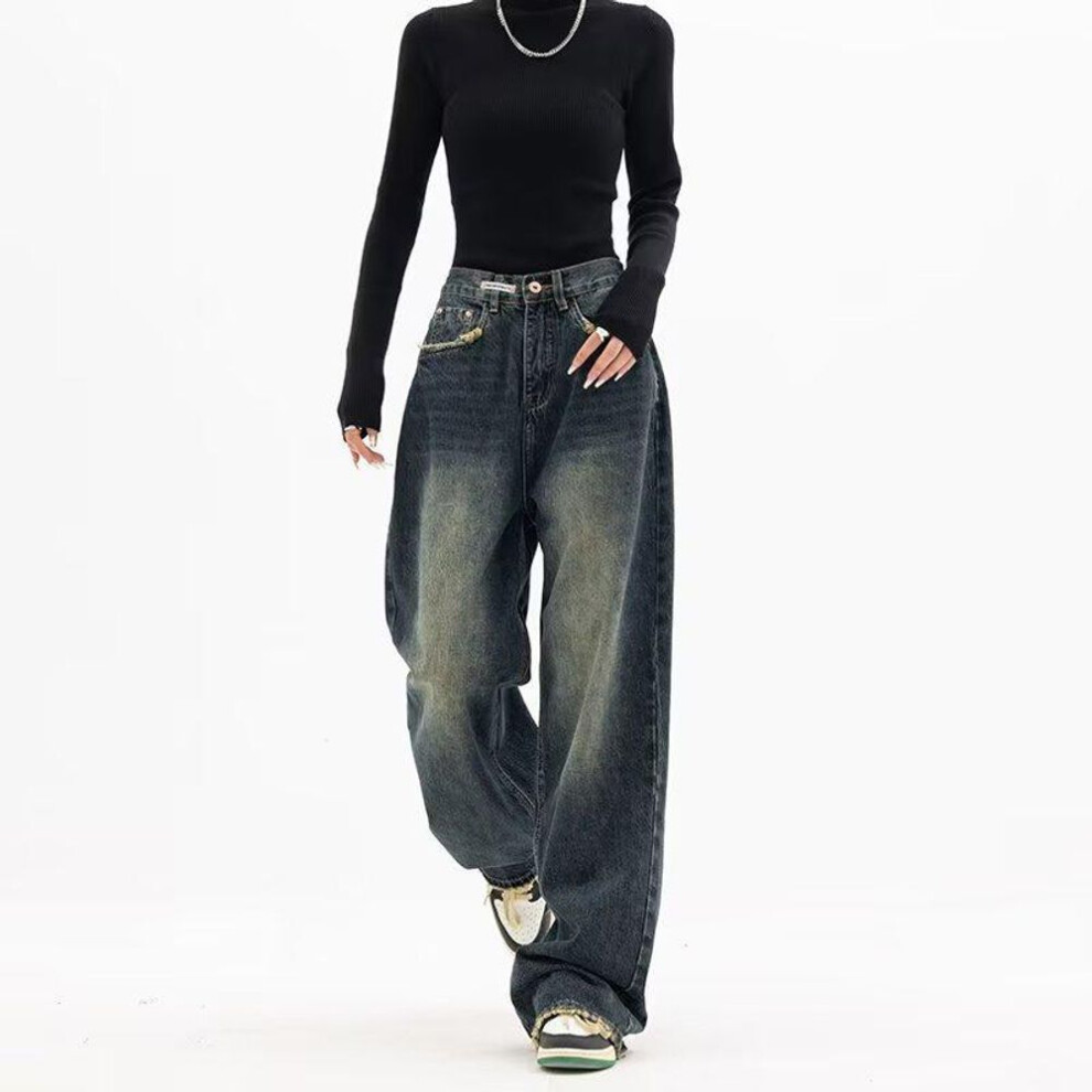 (dark blue, 5XL) "Women's High Waist Slim Straight Retro Wide-Leg Jeans - Spring/Summer Collection