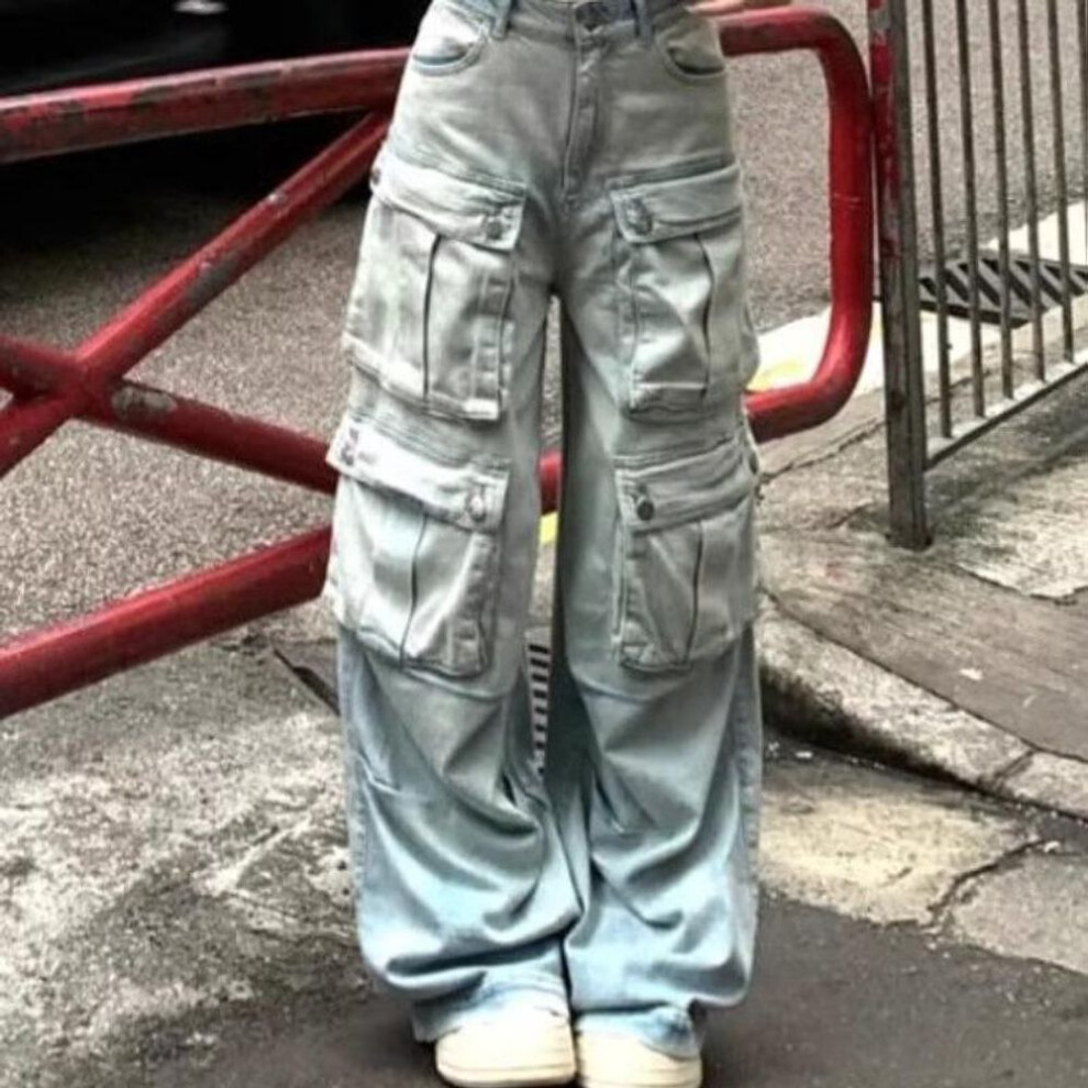 (light blue, 2XL) Women's High-waist White Retro Overalls: Slim, Loose, Lengthened, Autumn Style Jeans