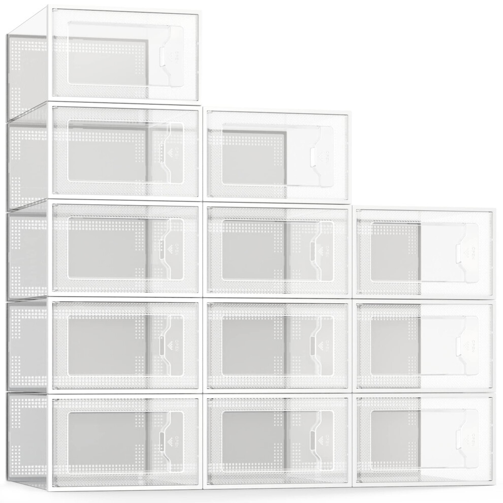 SEE SPRING Large 12 Pack Shoe Storage Box Clear Plastic Stackable Shoe Organizer for Closet Space Saving Foldable Shoe Rack Sneaker Contai