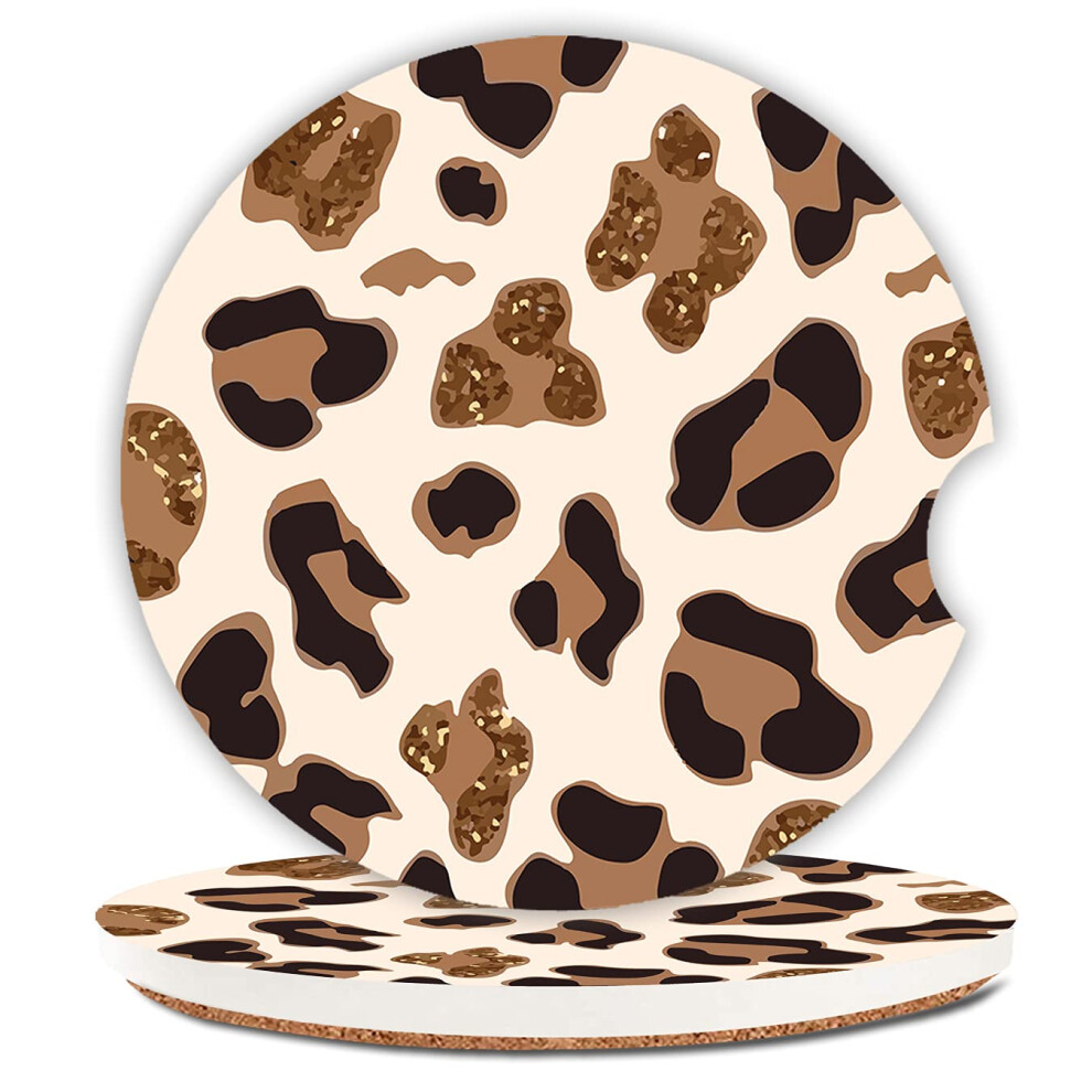 Absorbent Car Coasters 2 Pack For Women Fashion Luxury Design Car Coaster For Drinks Ceramic Stone Car Cup Holder With A Finger Notch Rose Leopar Gold 823468660087
