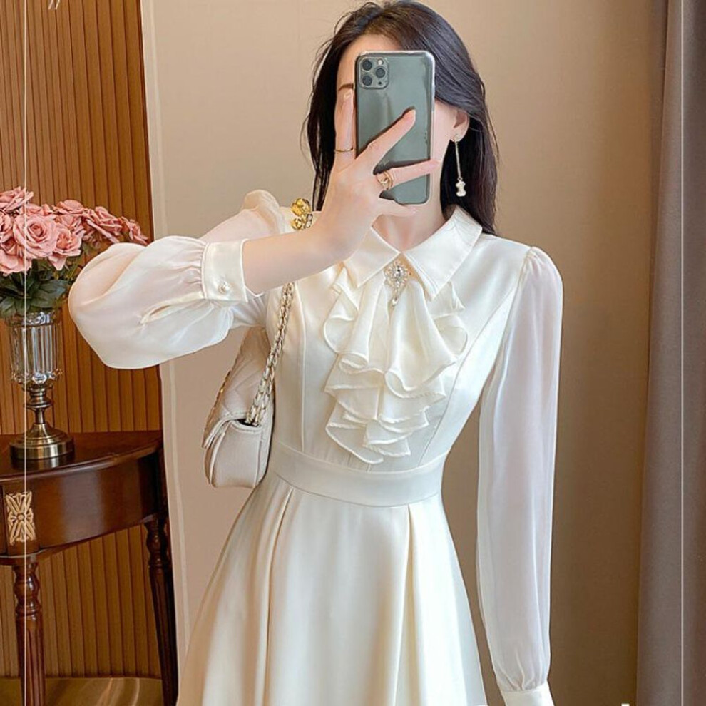 (apricot, XL (118-130 lbs)) Early Spring Long-Sleeve Slim A-Line Dress for Women