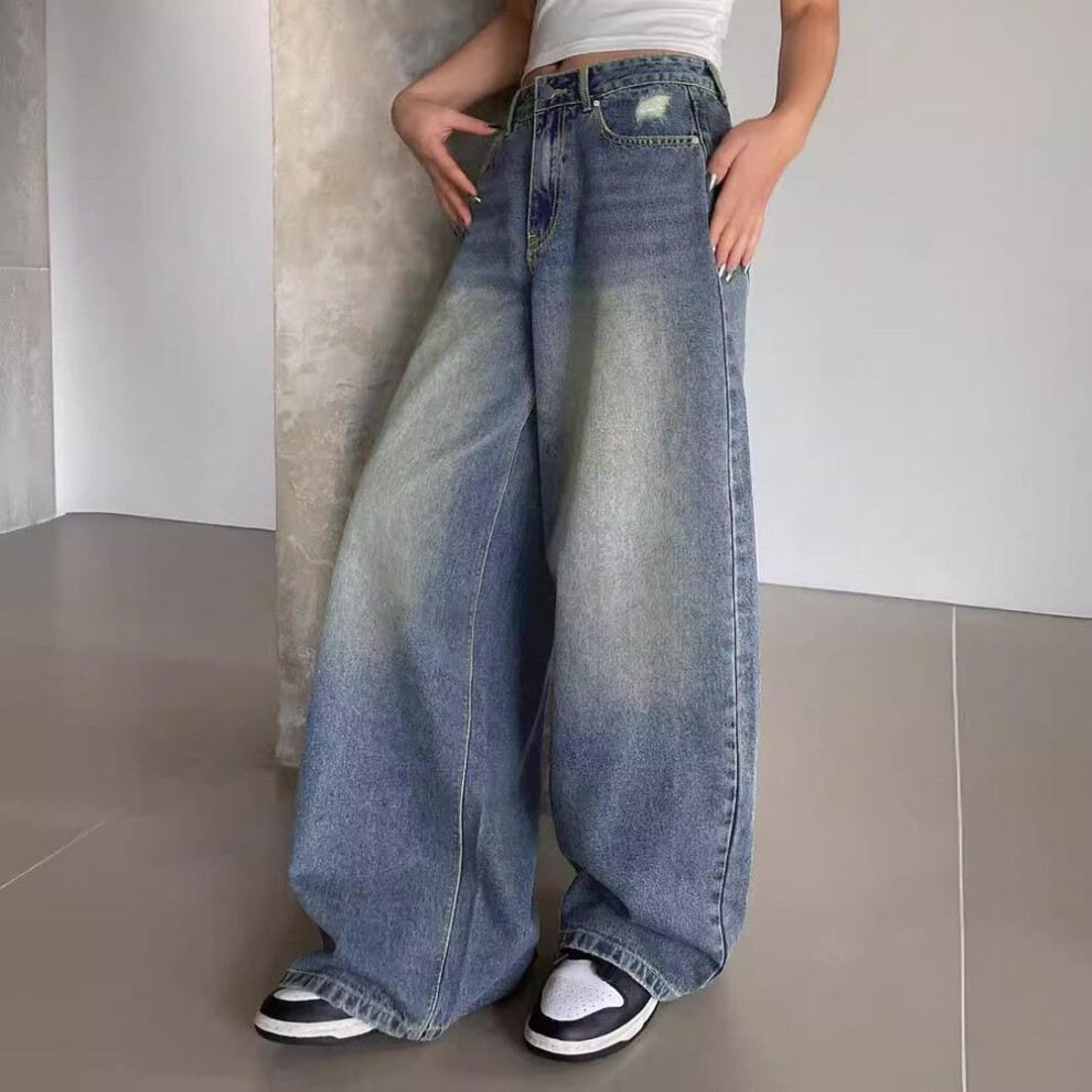 (denim blue, Extra Small) "women's Washed Blue Wide-leg Extra-long Floor-length Ripped Loose Casual Jeans