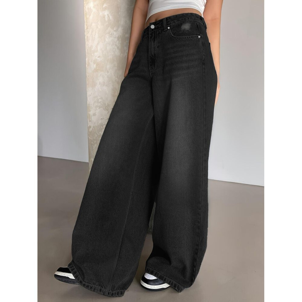 (black, Large) "women's Washed Blue Wide-leg Extra-long Floor-length Ripped Loose Casual Jeans