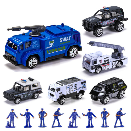 DUNRIOG TOYS 14 Πακέτο Αυτοκίνητα Αστυνομίας, 6 Μίνι Μοντέλα, 8 Μικροί Αστυνομικοί