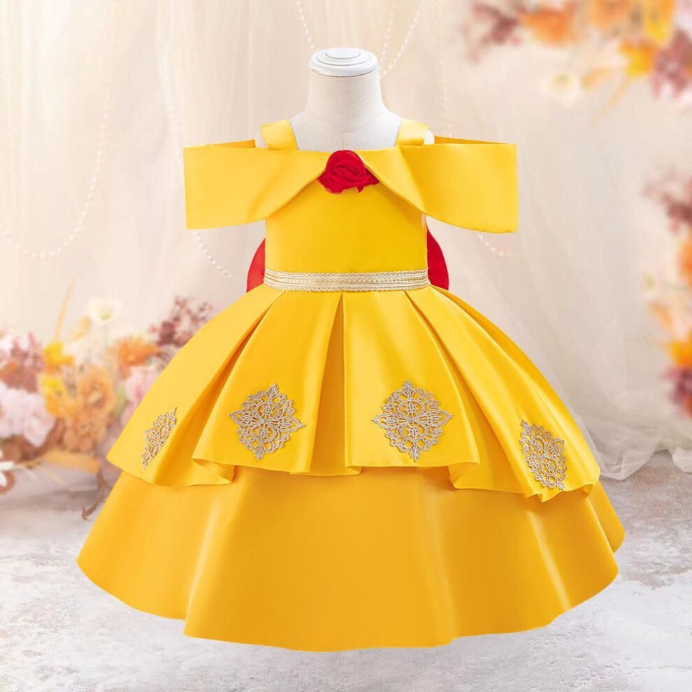 (18-24 Months) "girls' Yellow Off-shoulder Princess Dress With Bow For Children's Day, Birthday, Or Halloween