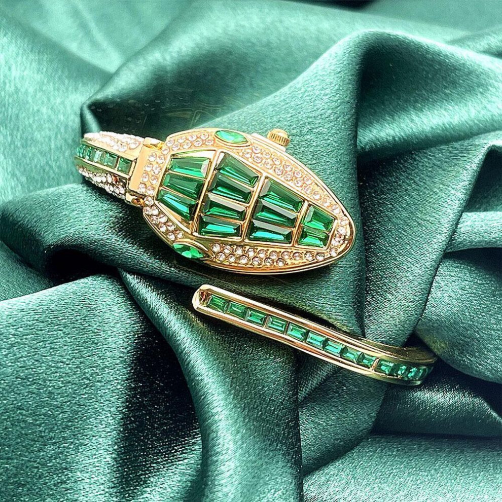 (gold,green) "2023 Diamond Snake Bracelet Quartz Watch - Hot-selling Snake-shaped Design