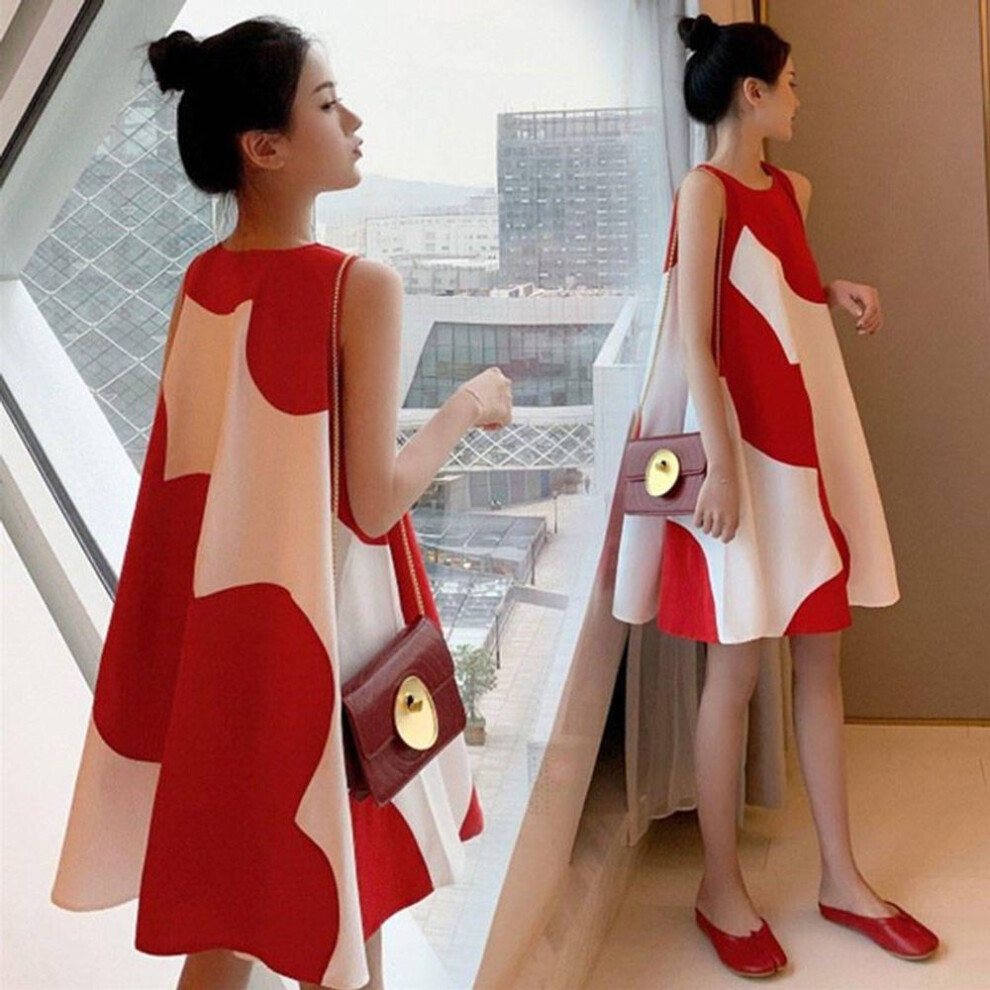 (red, M) Korean Style Plus Size Women's Sleeveless Maternity Dress - Summer Loose Fit
