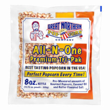 Premium-kolmoispakkaus popcornia     valmiiksi mitatut 10,75 unssin popcorn-pakkaukset 8 unssin kaupallisille poppereille     24 kpl/laatikko Great N