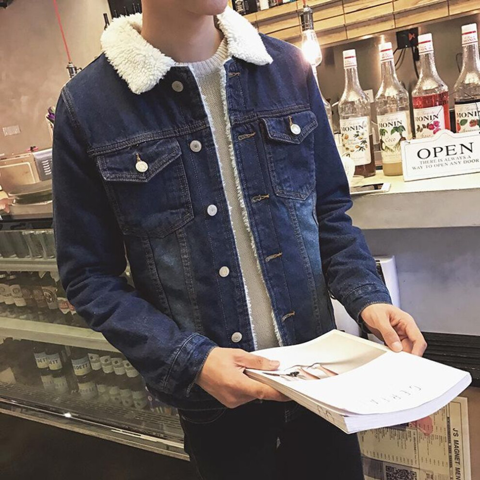 (dark blue, L) "Men's Slim Fit Plus Velvet Denim Jacket with Imitation Lamb Wool