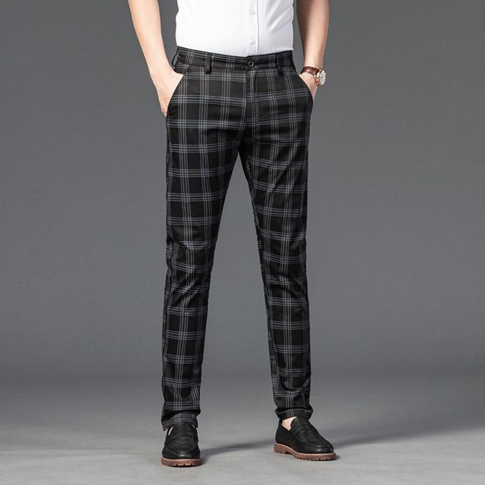 (black, 31) 2021 Men's Spring Casual Plaid Elastic Slim Business Pants - Youth Fashion Trend