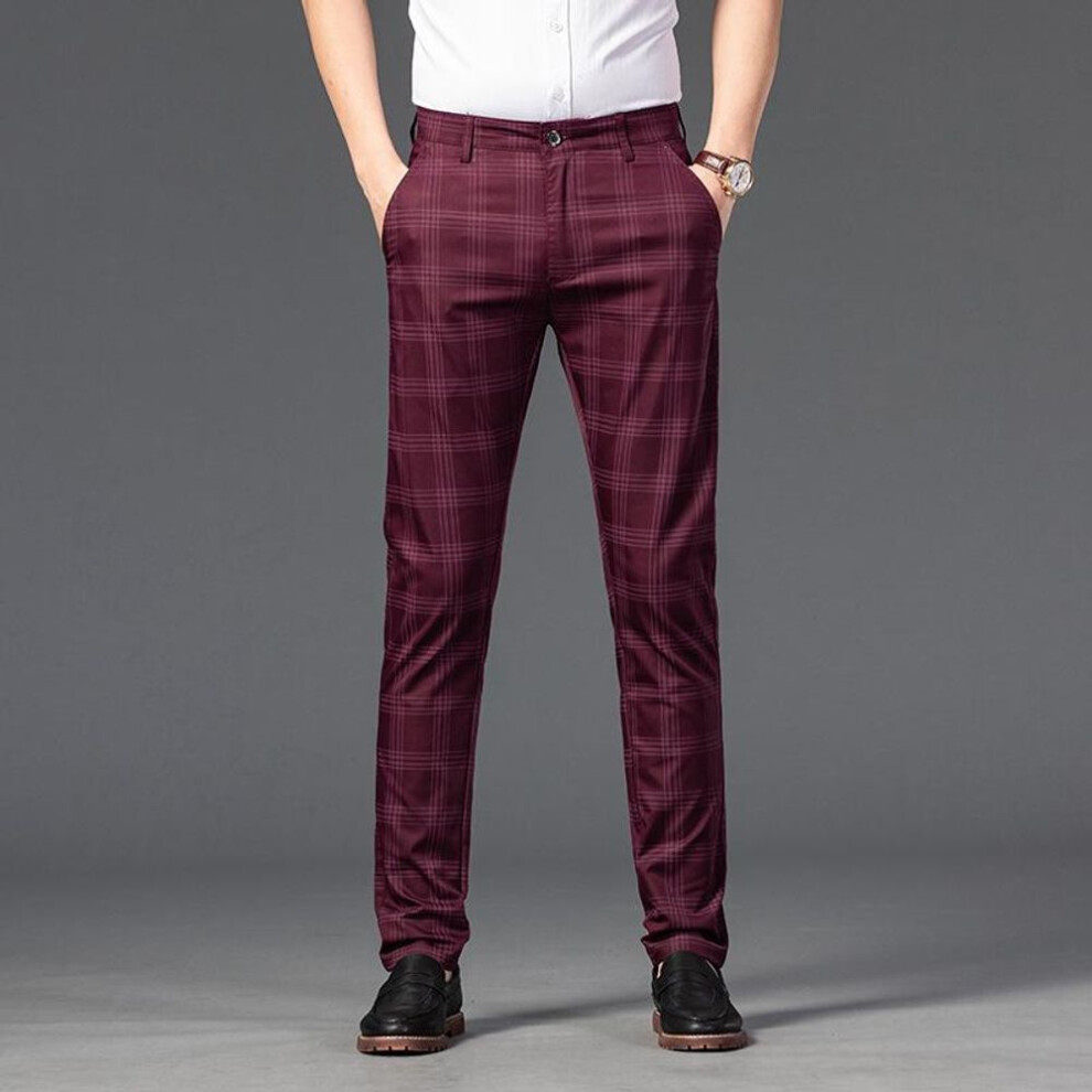 (wine red, 40) 2021 Men's Spring Casual Plaid Elastic Slim Business Pants - Youth Fashion Trend