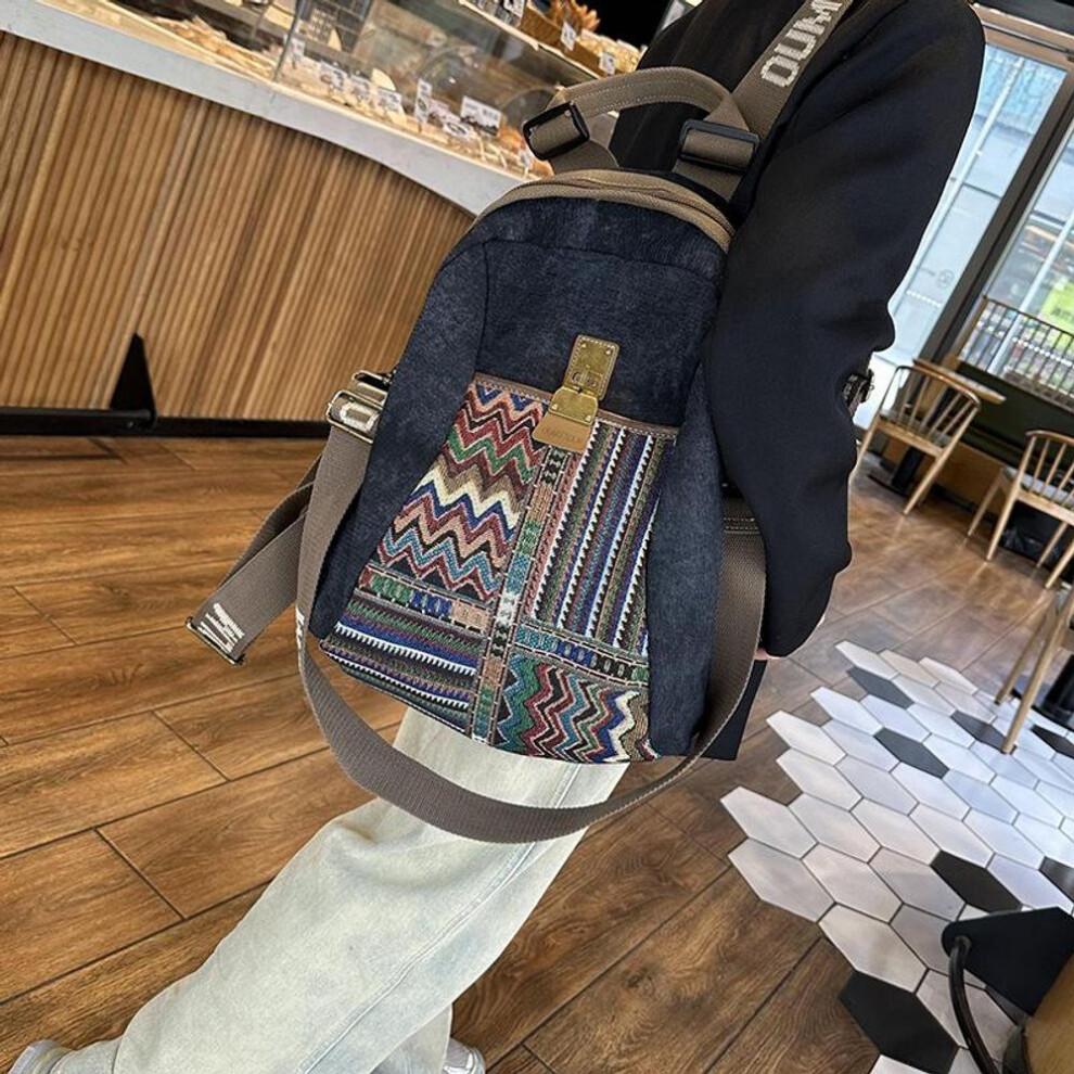 (black gray) "2023 Retro Embroidery National Style Women's Large Canvas Backpack For Business Travel