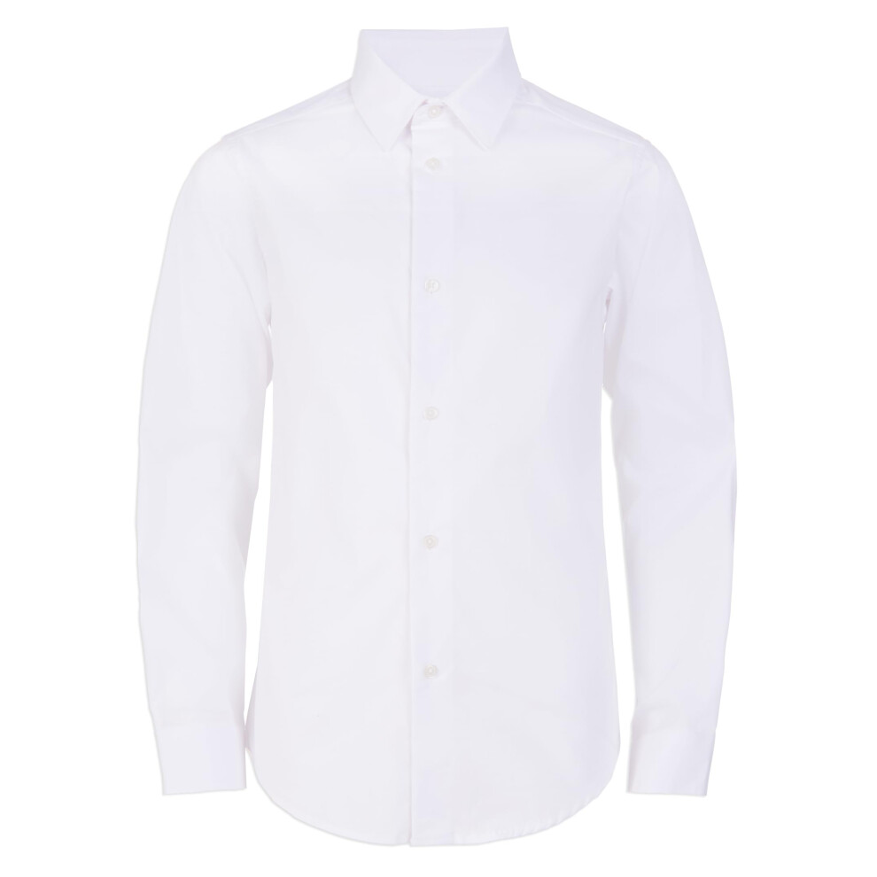 Calvin Klein Boys' Long Sleeve Slim Fit Dress Shirt Button-down Style With Buttoned Cuffs & Shirttail Hem White 16 Husky