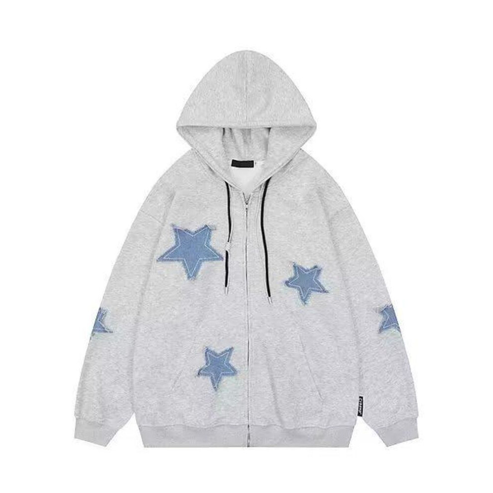 (gray, Large) "2023 Unisex American Retro Star Patch Oversized Cardigan Jacket