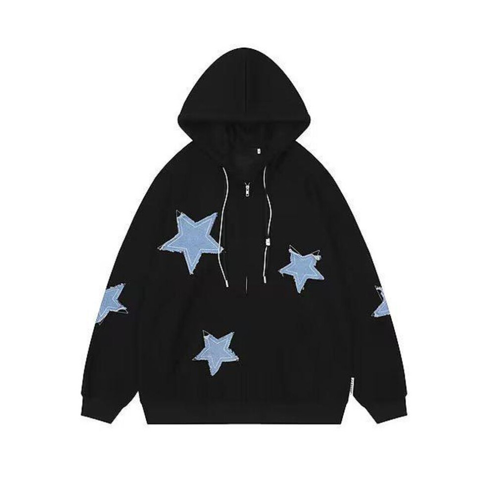 (black, 2XL) "2023 Unisex American Retro Star Patch Oversized Cardigan Jacket