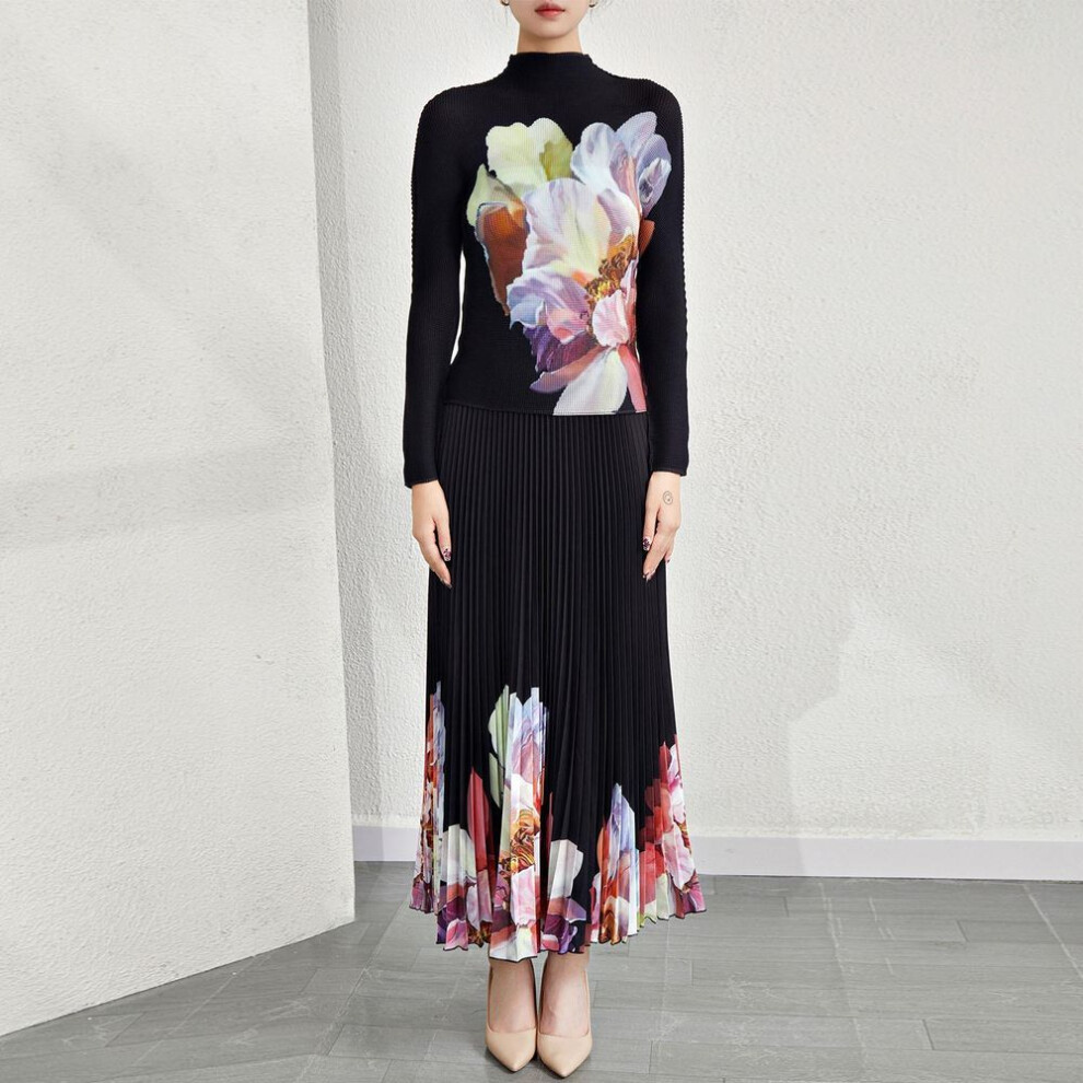 (black, One Size Top) "women's Pleated Floral Two-piece: Stand Collar Long Sleeve T-shirt And Skirt