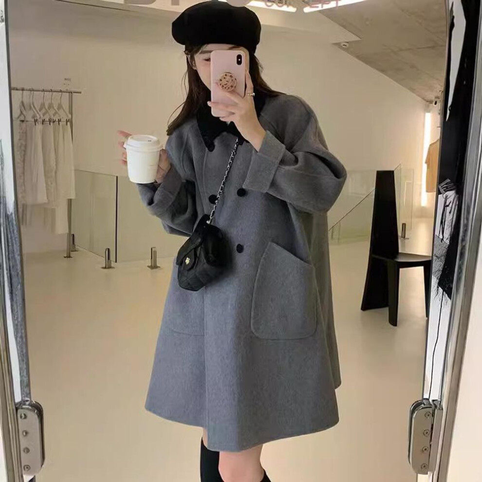 (gray, M) Women's Wool Coat: Elegant Korean-Style Winter Jacket with Contrasting Color and Inner Lapel for Petite Sizes.