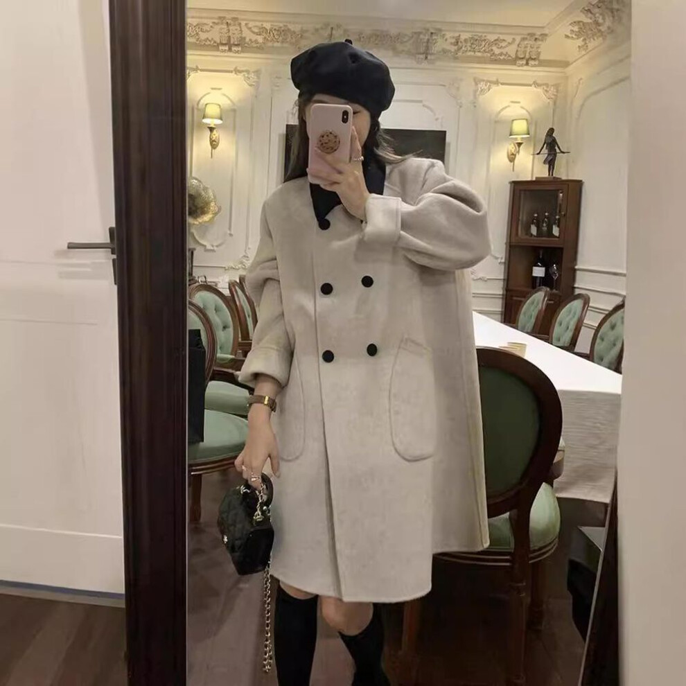(apricot, M) Women's Wool Coat: Elegant Korean-style Winter Jacket With Contrasting Color And Inner Lapel For Petite Sizes.