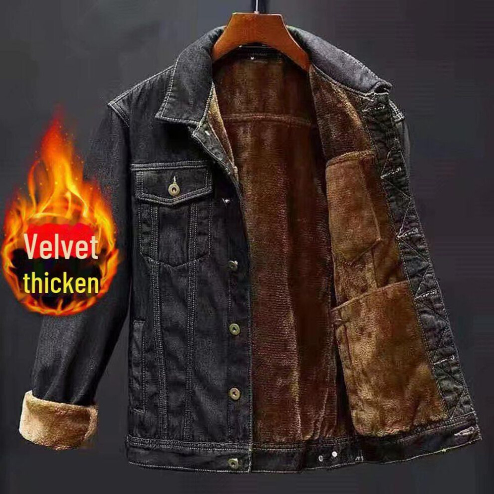 (black, S) Men's Thick Plush Denim Jacket - Casual Long-Sleeve Trendy Fashion in Japanese and Korean Style
