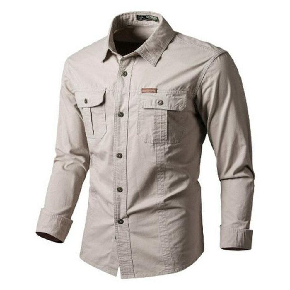 (off-white, Large) Men's Outdoor Casual Long Sleeve Cotton Shirt - Spring & Autumn Workwear, Available In Large Sizes