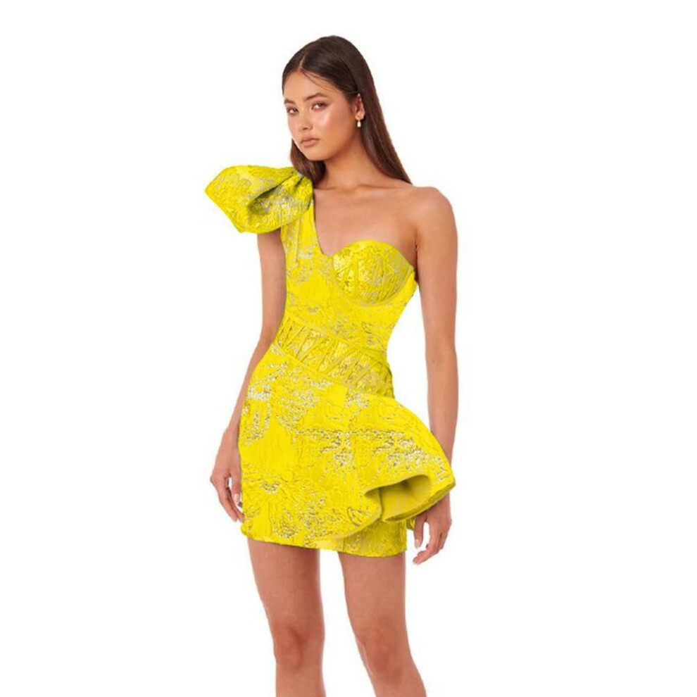 (yellow, Large) European & American One-shoulder Embroidered Jacquard Party Dress - Short, Sexy, Celebrity Style For Summer