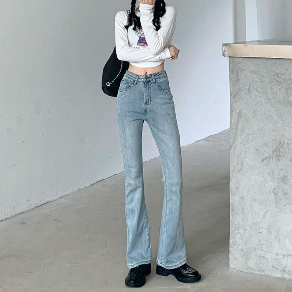 (light blue, L) Women's Black High-Waist Elastic Flared Jeans - Slim Korean Style for Spring & Autumn 2023