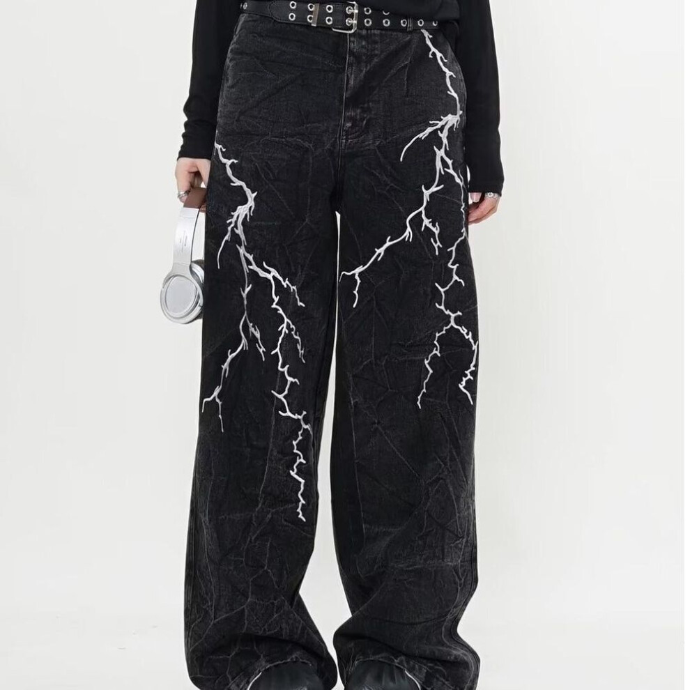 (black, M) American High Street Men's Dark Lightning Crack Wide-Leg Jeans