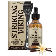 Striking Viking Beard Growth Kit - Beard Growth Oil & Roller til fortykkelse og konditionering - Naturligt afledt serum til m?nd - Vanilje 2 Fl O