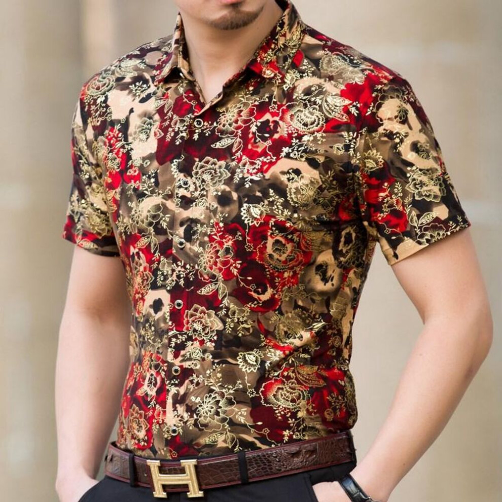 (red, XXXL) Gold-stamped Men's Retro Summer Short-sleeve Shirt