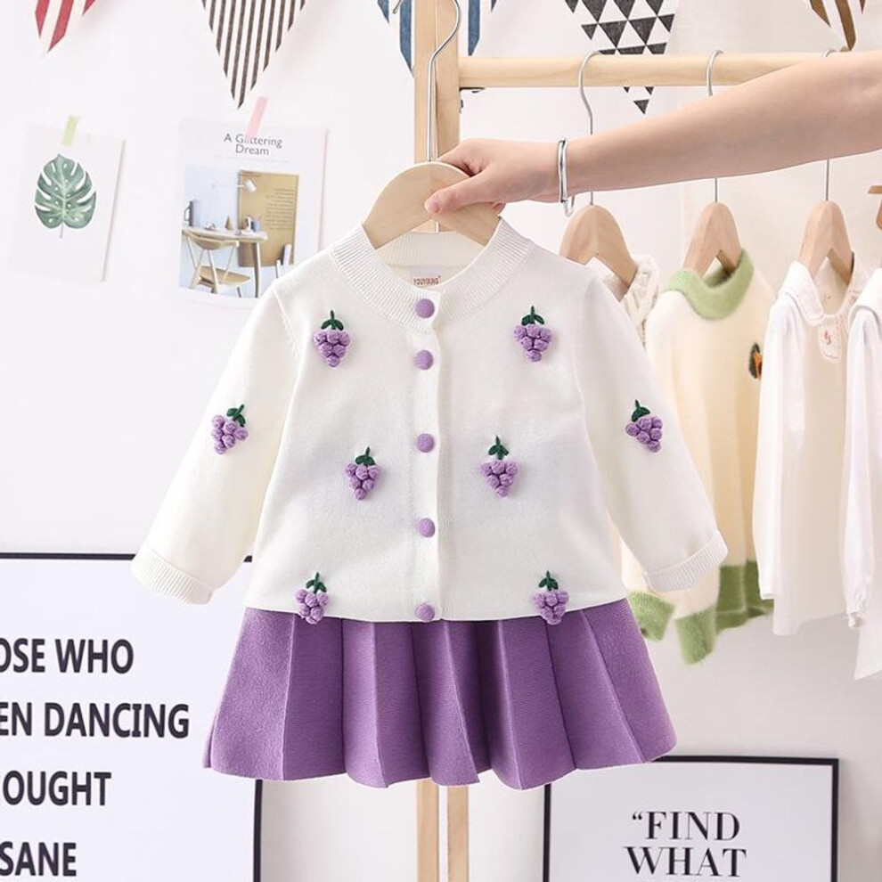(purple, 100 cm) Girls' Knitted Spring Suit: Cute Crochet Sweater, Warm Cardigan, Pleated Skirt.
