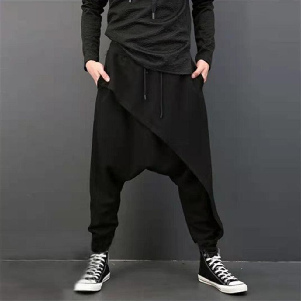 (black, M (Intl Size)) Men's Loose Fit Spring Harem Pants - European & American Style, Baggy Cross-Crotch with Slim Feet