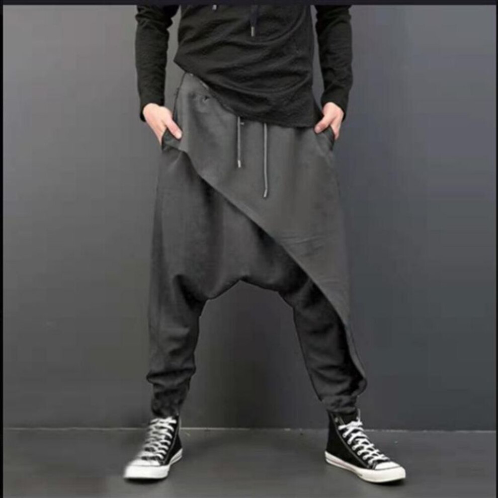 (gray, M (Intl Size)) Men's Loose Fit Spring Harem Pants - European & American Style, Baggy Cross-crotch With Slim Feet