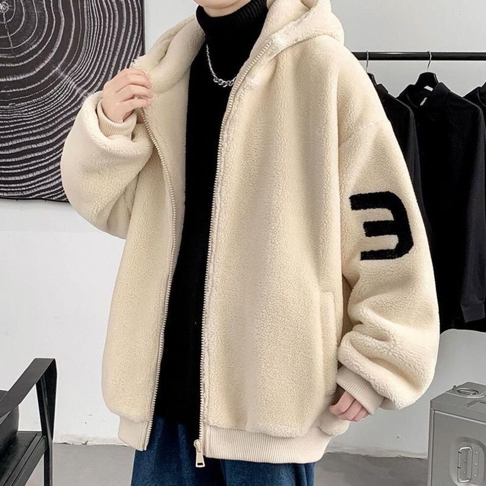 (khaki, 3XL) Men's Trendy Hooded Lamb Wool Coat - Thick, Loose, Plush Winter Jacket
