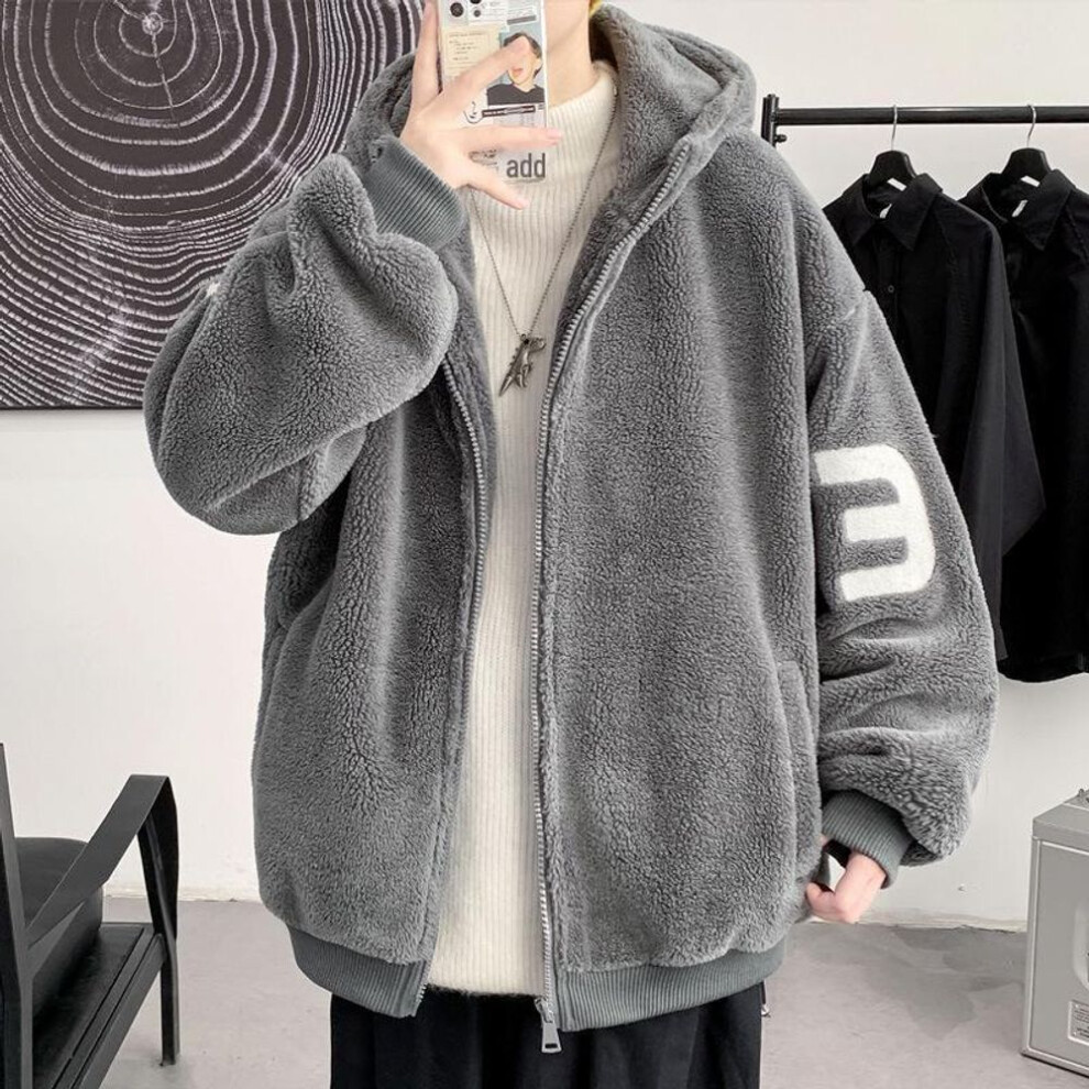 (gray, 3XL) Men's Trendy Hooded Lamb Wool Coat - Thick, Loose, Plush Winter Jacket