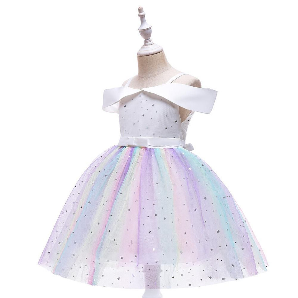 (white, 120 cm) "starry Sky Sequined One-shoulder Tutu Dress For Girls - European And American Summer Princess Style