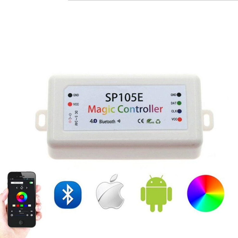 SP105E Bluetooth LED Strip Controller for WS2811/2812B, 5-24V, with Remote & App for Horse Racing Effects.