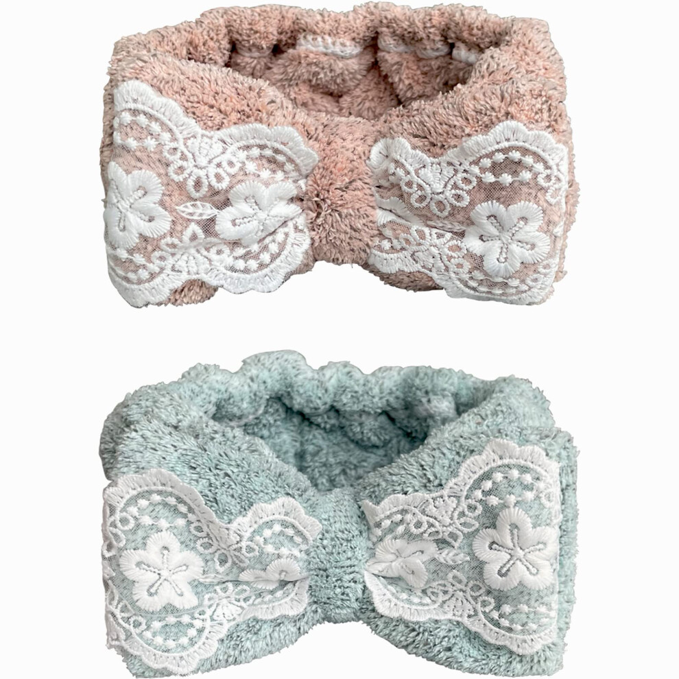 Udebe 2PCS Towel Headbands For Women Lace Bowtie Headband For Washing Face Makeup Spa Headband Bamboo Fiber Shower Headband For Girls
